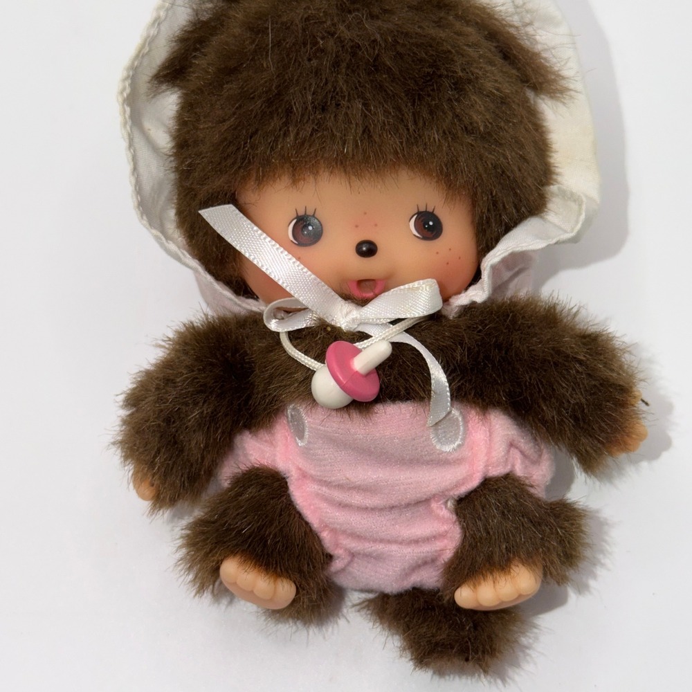 Monchhichi Unisex 8" Vintage Baby Monkey Pink Romper Bonnet Retro Kawaii Plush
